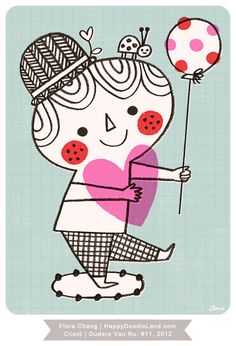 a drawing of a girl holding a heart shaped balloon