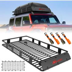 four orange utensils are attached to the roof rack of a vehicle with an suv in the background