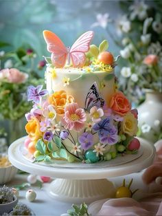 there is a cake decorated with flowers and butterflies on the top of it's stand