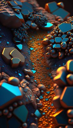 an abstract image of blue and gold shapes on a black surface with light coming from them