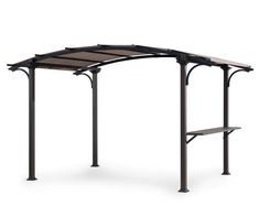 an outdoor gazebo that is made out of metal and has a brown canopy over it