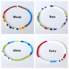 Beaded Jewelry Designs Bracelets, Small Beaded Bracelets Aesthetic, Beaded Bracelet Sets, Disney Bracelet Diy, Disney Bead Bracelet Ideas, Best Friend Beaded Bracelets, Words To Put On Beaded Bracelets, Toy Story Bracelet, Disney Beaded Bracelet