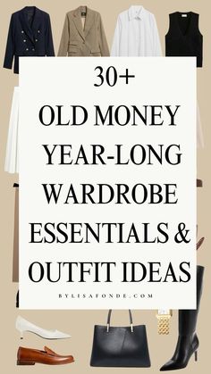 Find the complete guide on how to dress old money style all year long with 30+ wardrobe essentials and classic outfit ideas for all seasons in this article. Old money year-round capsule wardrobe, old money outfit aesthetic, old money wardrobe essentials, old money outfit must-have for spring, summer, fall, and winter. Classy Outfits Capsule, Elegant Wardrobe Essentials Classy, Elegant Capsule Wardrobe Classy, Old Money Fall Wardrobe, Wardrobe Must Haves Woman, Old Money Must Have, Classy Pants Outfits, Old Money Looks Woman, Old Money Fall Outfits Women