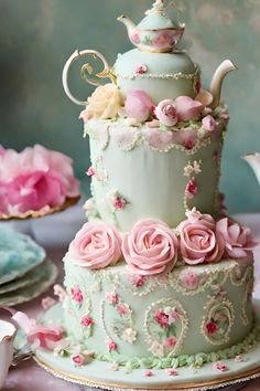 a three tiered cake decorated with flowers and a teapot