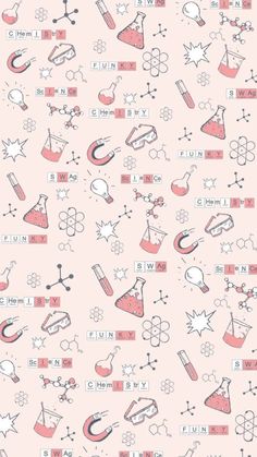 a pink and white background with different types of objects on it's surface, including letters