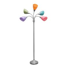 a multicolored floor lamp with five lamps on it's sides and one light in the middle