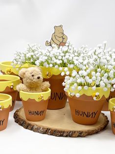 a teddy bear is sitting in some flower pots