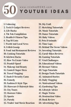 Get inspired with 50 YouTube ideas! If you're looking to start your own channel or just want to find some creative content, this list has got you covered. From vlogs to tutorials, comedy to gaming, there's a YouTube idea for everyone. Whether you're an aspiring filmmaker, a beauty guru, or just looking for some fun, this list will give you the inspiration you need. Start creating today and become a part of the online community! Youtube Videos Ideas List, Fun Vlog Ideas, Youtube Video Ideas Gaming, How To Start A Gaming Youtube Channel, Challenges For Youtube, Youtube Channel Ideas Gaming, How To Start A Cooking Youtube Channel, Creative Youtube Channel Names, You Tube Channel Ideas