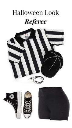 an easy DIY costume for Halloween! Pinstripped shirt, black cap, black shorts, a whistle, and black high top converse (any black sneakers). Referee Halloween Costumes Women, Diy Referee Costume, Easy Diy Costume, Referee Costume, Easy Diy Costumes, Plus Size Halloween Costume, Black High Top Converse, Soccer Outfit, Cap Outfit