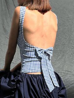 Blau Lässig Collar Ärmellos Gewebter Stoff Gingham,Einfarbig Oberteil Embellished Undehnbar Cute Boating Outfit, Plaid Top Outfit, Sew A Top, Open Back Outfit, Tank Top Diy, Boat Neck Crop Top, Designer Crop Top, Open Back Tops, Slim Back