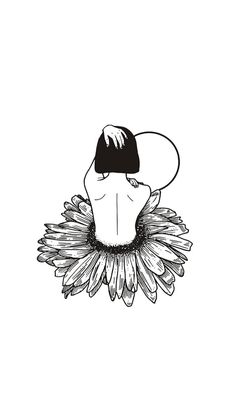 a black and white drawing of a person with a hat on top of a flower