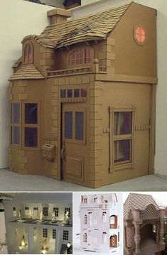 a cardboard doll house is shown in four different photos, including the inside and outside