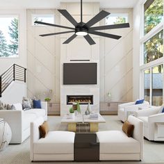 a living room with white couches and black ceiling fan