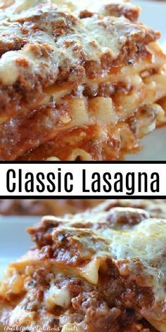 three different types of lasagna stacked on top of each other with the words classic lasagna above them