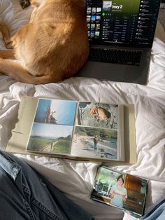 a dog laying on top of a bed next to an open book and laptop computer