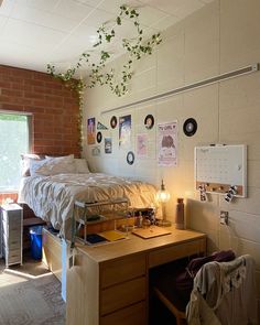 a dorm room with a bed, desk and hanging plants on the wall above it