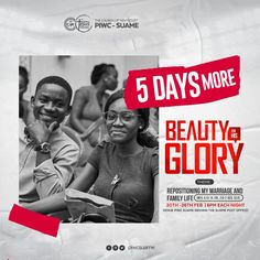 the poster for 5 days more beauty and glory, featuring two people sitting next to each other