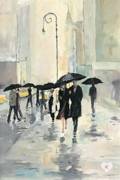 a painting of people walking in the rain with umbrellas