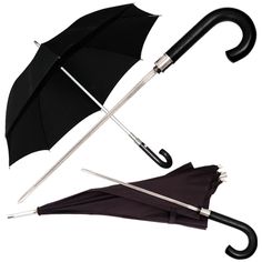 two black and white umbrellas one is upside down the other has an inverted handle