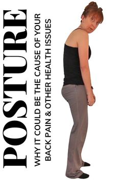 a woman standing in front of a white background wearing gray pants and black tank top