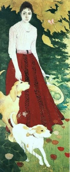 a painting of a woman in a red dress and two dogs standing next to each other