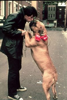 a man kissing a dog on the street