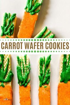 carrot wafer cookies with green icing on them and the words carrot wafer cookies