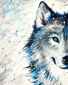 a painting of a wolf with blue eyes and snow flakes on it's fur