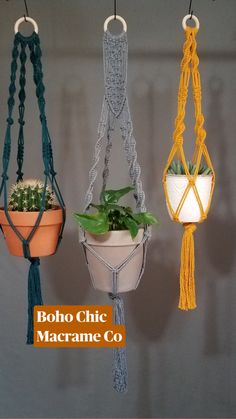 three hanging planters with plants in them and the words boho chic macrame co