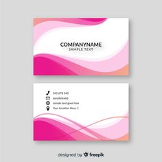 two business cards with pink and white wavy lines on the front, one has a name tag