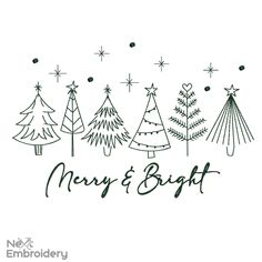 merry and bright christmas trees with stars on the top, in black ink against a white background