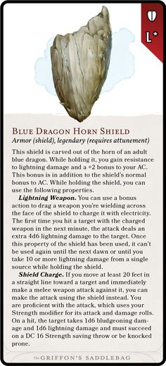 the back side of a card with an image of blue dragon horn shield on it