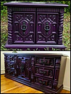 an old dresser has been painted purple and is being used as a sideboard for furniture