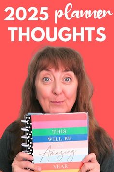 a woman holding up a planner with the words,'2020 planner thoughts'in front of her face