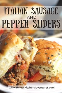 italian sausage and pepper sliders on a white plate with text overlay that reads, italian sausage and pepper sliders