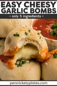 Transform freezer rolls into these Easy Garlic Cheese Bombs. Soft bread filled with melty, gooey cheese is baked to golden brown perfection and brushed with garlic butter. Perfect for spaghetti night or just as a snack, the whole family will love these! | www.persnicketyplates.com Freezer Rolls, Cheese Bread Rolls, Spaghetti Night, Persnickety Plates, Recipes Sides, Sweet Bread Rolls, Cheese Rolls, Soft Bread, Garlic Cheese Bread