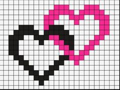 a cross stitched heart with pink and black hearts on the side, in squares