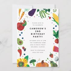 an image of a birthday party card with fruits and vegetables on it's front