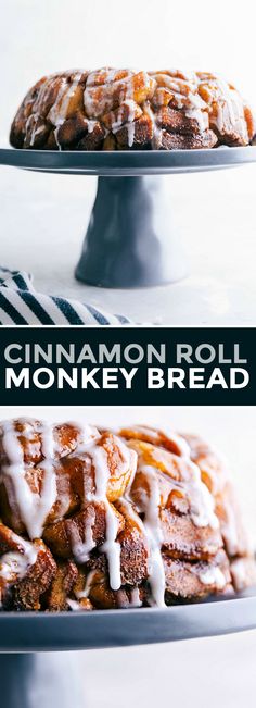 cinnamon roll monkey bread with icing on a cake platter and the title overlay reads, cinnamon roll monkey bread