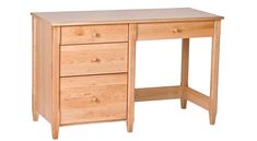 a wooden desk with two drawers on each side and one drawer at the top that is open