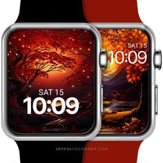 two smart watches showing the time and date on each watch face, with an autumn scene in the background