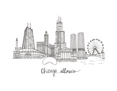 the chicago skyline is shown in black and white with an ink drawing effect on it