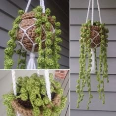 crocheted hanging planter made with yarn and twine on the side of a house