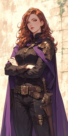 a woman dressed in black and purple standing with her arms folded on her chest, wearing a cape