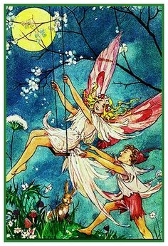 two fairy girls are playing with an umbrella in the woods at night, and one girl is swinging on a swing