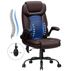 an office chair with a blue light up back and foot rest on the armrest