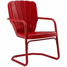 a red plastic chair with metal frame and arm rests on an isolated white background,