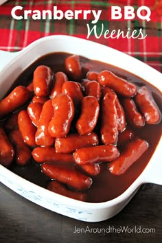 cranberry bbq weenies in a white dish on a wooden table with text overlay