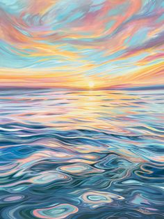 an abstract painting of the ocean at sunset with colorful clouds and blue water in the foreground