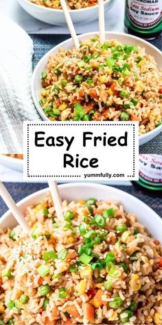 two bowls filled with fried rice and vegetables